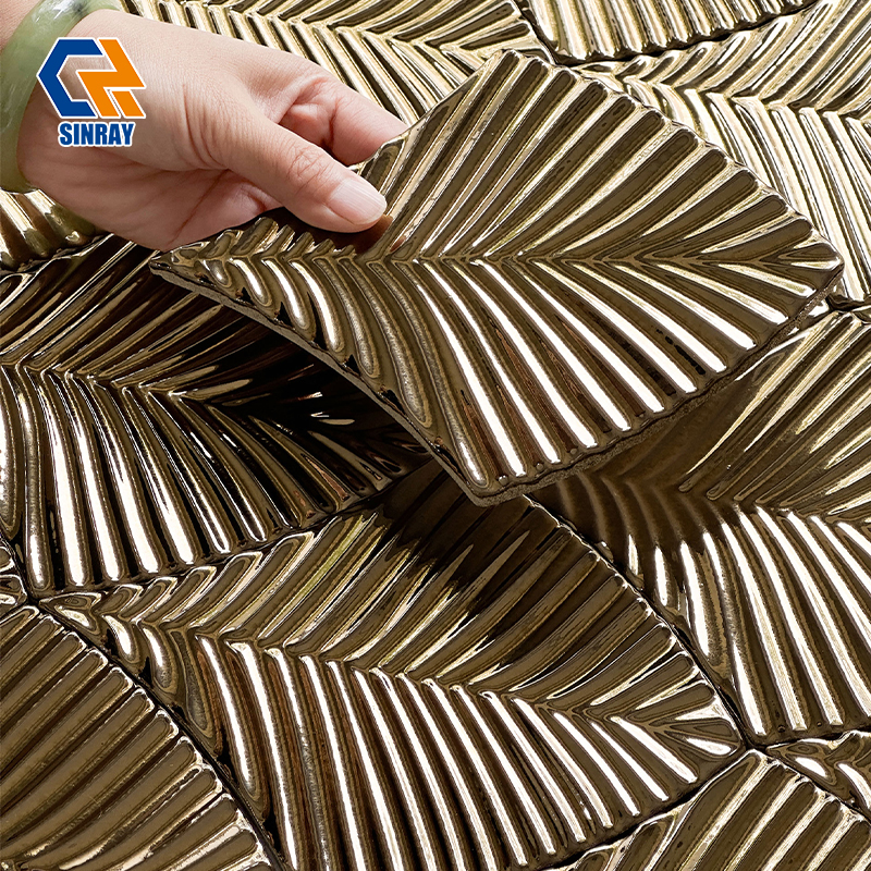 Forest Green Banana Leaf Hand Pressed Clay Tiles, Aged Crackle Glaze Unique Tactile Texture Decor Wall Panels For Cafe B&B Boutique Hotel Tropical Accent Wall Projects